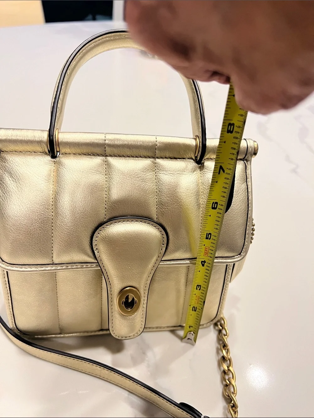 Coach Metallic Gold Quilted Leather Satchel with Chain Strap